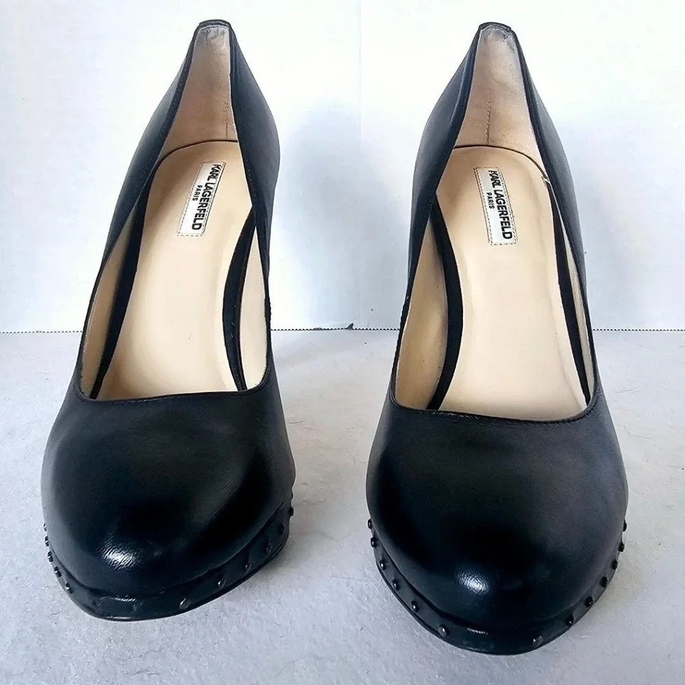 Karl Lagerfeld‎ Stiletto Heels Black Leather Platform Designer Pumps Womens 8.5
